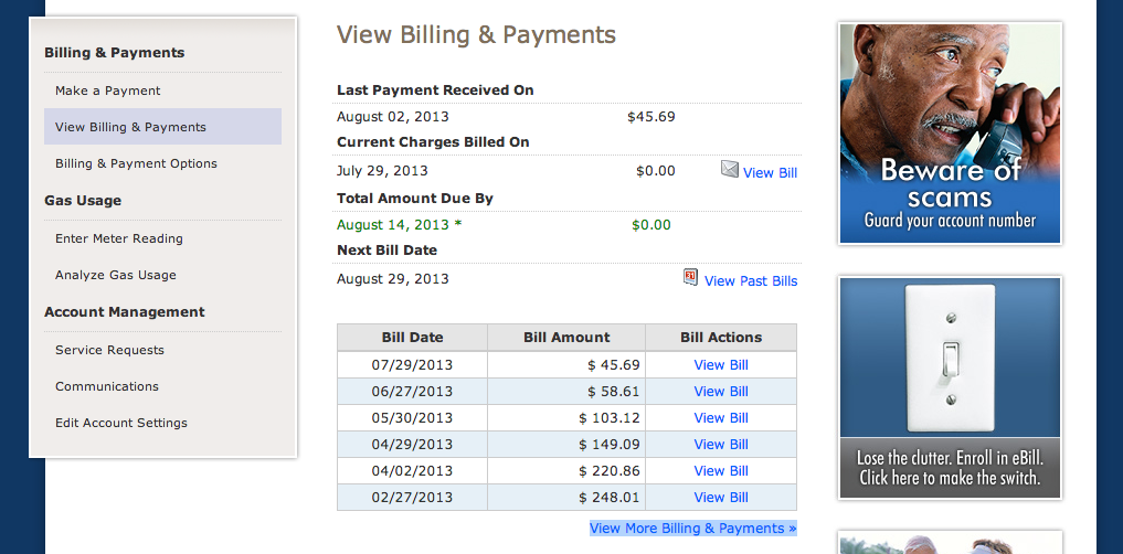 Click the View Billing and Payments Option for Dominion East Ohio Gas