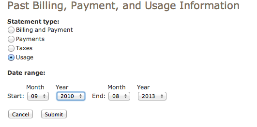 Select the data you want from Dominion East Ohio Gas bills