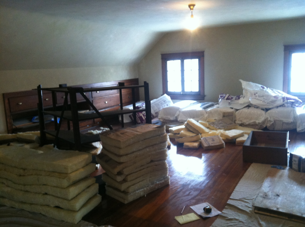 Attic insulation job in progress at the Maurice Knight Home in Akron Ohio