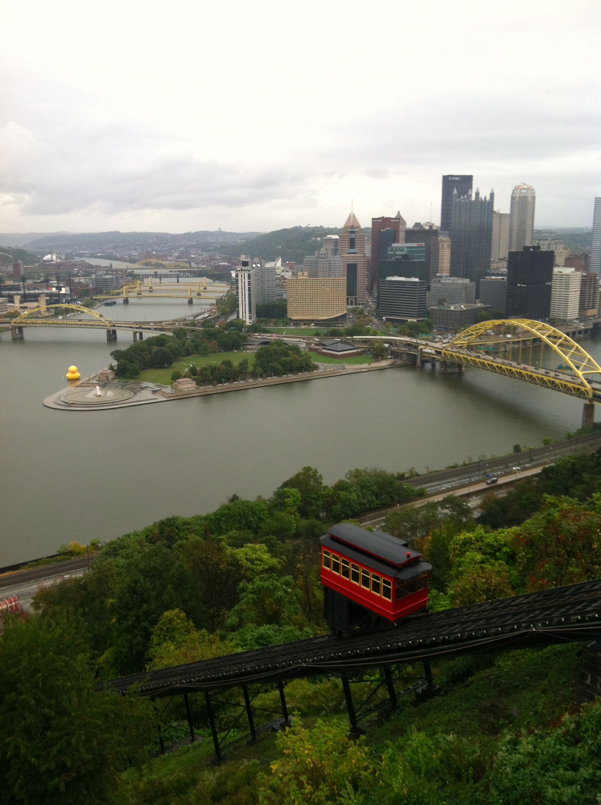 View of Pittsburgh and giant rubber duck from top of Duquesne Incline