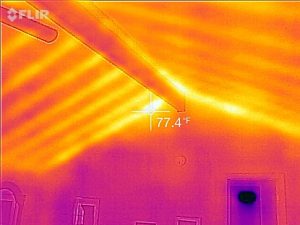 Cathedral ceiling in infrared after spray foam. Note the knee wall is no longer hot/cold.